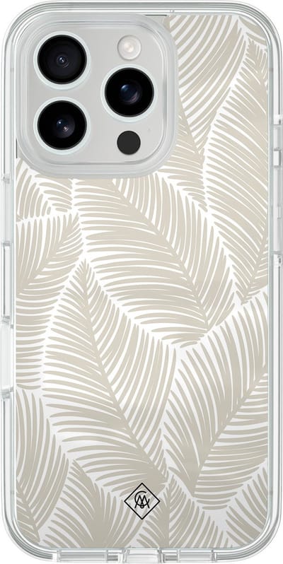 Casimoda® hoesje - Geschikt voor iPhone 16 Pro - Palmy Leaves Beige - 2-in-1 case - Schokbestendig - Natuur - Verhoogde randen - Goudkleurig, Transparant