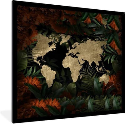 Poster in lijst - Fotolijst 40x40 cm - Posters - Wereldkaart - Retro - Bloemen - Posterlijst zwart - Decoratie - Wanddecoratie woonkamer - Muurdecoratie slaapkamer