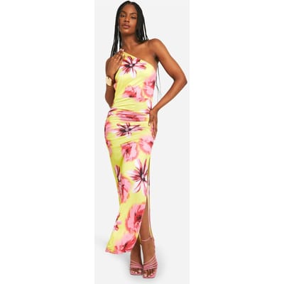 boohoo Dames Lange Slinky Asymmetrische Bloemen Maxi Jurk | Citroen | Maat: 44