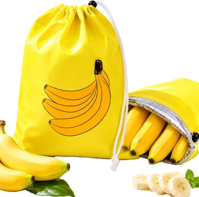 Bananen Bewaarzak Set van 2 – Herbruikbare Vershoudzak 27x35 cm Geel – Houdt Bananen tot 7 Dagen Vers – Food Grade Opbergzak met Aluminium Isolatie & Trekkoord