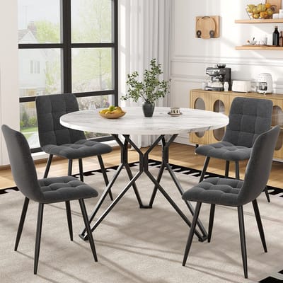 Pugsdrly Eettafelset (5-delig), eettafelset met 4 stoelen, moderne eettafelset voor de keuken, ronde keukentafel met een diameter van 100 cm, zwarte metalen poten, marmeren MDF-blad, eetkamerstoelen van grijs fluweel