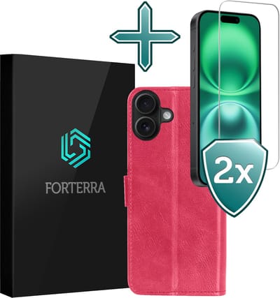 Hoesje Met 2x Screenprotector - Geschikt voor Apple iPhone 16 - Luxe Pasjeshouder - Flip Case - Bookcase Portemonee - Kunstleer Book Case - Flipcase Hoes - Book Cover - Walletcase - Portemonneehoes - Donkerroze
