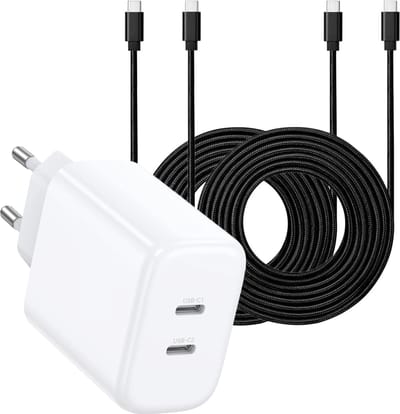 35W Dubbele USB C Oplaadstekker + 2x Nylon USB-C Kabel 3 Meter - USB C naar USB C - 35 Watt - GaN Snel Lader - Super Fast Charge