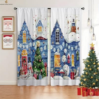 2 stuks Leuke Cartoon Kerstman Sneeuwpop Sneeuwvlok Bedrukte Gordijnen Slaapkamer Eetkamer Kerstfeest Decoratie Gordijnen W50xH130(CM)x2PCS&Rod pocket gray
