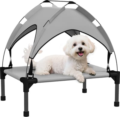 PawHut Erhöhtes Hundebett mit Baldachin, Haustierbett, Outdoor Hundeliege mit Dach, Atmungsaktiv, für Mini- und Kleinhunde Hellgrau Oxford 61 x 46 x 63 cm