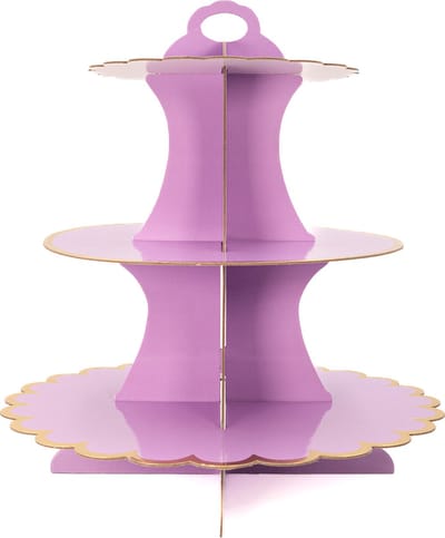 Intirilife Kartonnen Taartstandaard met 3 niveaus in Paars - 29 / 21.5 / 16 x 35 cm - Muffinstandaard van karton, cupcake standaard om zelf te bouwen