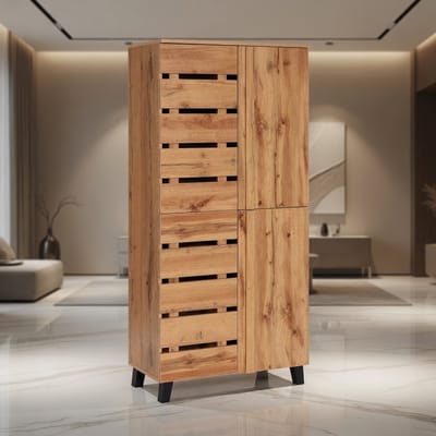 M46 Hoge Opbergkast – Garderobekast Highboard met 4 Deuren en 8 Vakken – 162x80x32 cm – Smalle Moderne Opbergkast in Houtlook Bruin Mobili Bella