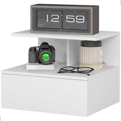Merax Zwevend Nachtkastje Met Lade En Open Vak – Wandnachttafel Wit – Nachttafel Voor Slaapkamer En Woonkamer – 39,8 X 35 X 31,6 Cm