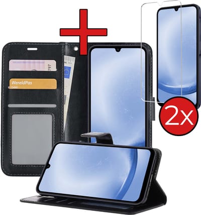 Hoesje - Met 2x Screenprotector - Geschikt voor Samsung Galaxy A25 - Luxe Pasjeshouder - Flip Case - Bookcase Portemonee - Kunstleer Book Case - Flipcase Hoes - Book Cover - Walletcase - Portemonneehoes - Telefoonhoes - Zwart