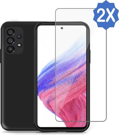 Geschikt voor Samsung A53 5G Hoesje + 2x Screenprotector – Gehard Glas Cover - Suède Case Zwart