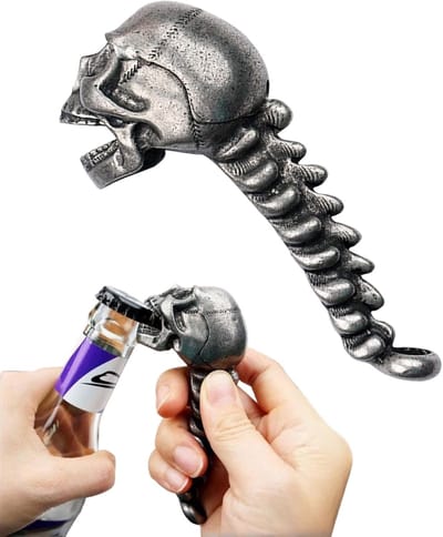 Flesopener in de vorm van een schedel – duurzaam roestvrij staal, perfect als Halloween-cadeau – ergonomische greep in de vorm van een ruggengraat – draagbaar en onmisbaar voor bartenders en feestjes