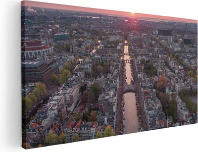 Artaza Canvas Schilderij Amsterdam - 40x20 cm - Klein - Wanddecoratie Skyline - Muurdecoratie Grachten - Schilderijen Op Canvas Zonsondergang