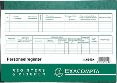 Exacompta 5x Speciaal register Arbeidswetgeving - Personeelsregister 21x29,7cm - 99 inschrijvingen - 80 blad - Nederlandstalig - - 6640X
