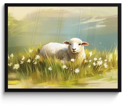 Poster in lijst - Fotolijst 70x50 cm - Posters - Schaap - Weide - Groen - Posterlijst zwart - Decoratie - Wanddecoratie woonkamer - Muurdecoratie slaapkamer