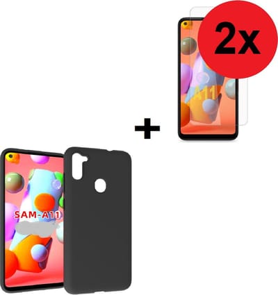 Geschikt voor Samsung Galaxy A11 hoes TPU Siliconen Case hoesje Zwart + 2x Screenprotector Tempered Gehard Glas (2 stuks) Pearlycase