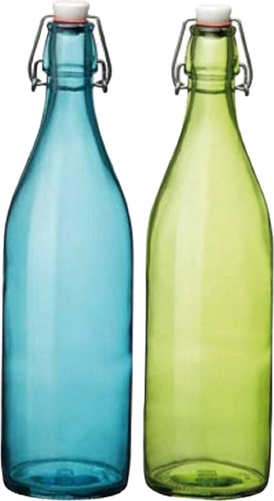 Bormioli Rocco deco of weckflessen set - 2x stuks - met beugeldop - 30 cm - 1 liter - blauw en groen - Giara water fles