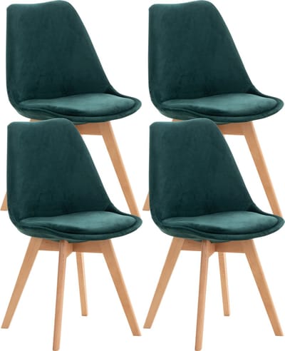 CLP 4-delige set Linares eetkamerstoelen met rugleuning en gestoffeerd op beukenhouten frame Fluweel/groen