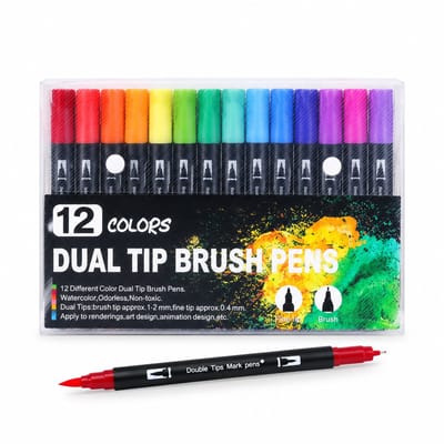 Aquarelmarkers - 12 kleuren - waterinkt met dubbele punt - zachte punt en fineliner - zwarte schacht - basisverpakking