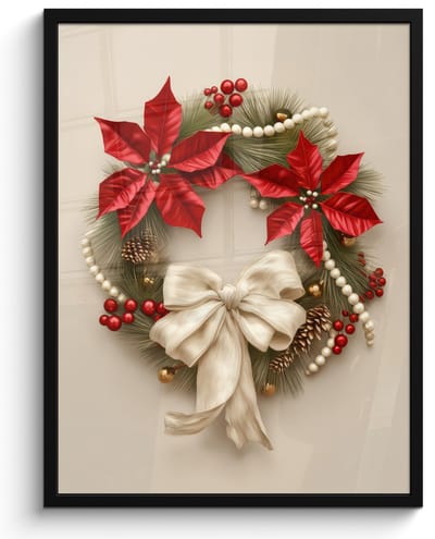 Poster in lijst - Fotolijst 60x80 cm - Posters - Deurkrans - Strik - Kerst - Rood - Groen - Posterlijst zwart - Decoratie - Wanddecoratie woonkamer - Muurdecoratie slaapkamer - Kerstversiering - Kerstdecoratie voor binnen - Kerstmis