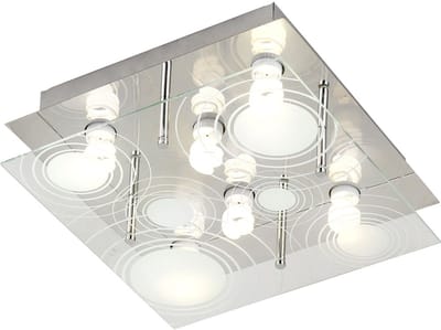 Plafondlamp Eetkamerlamp Woonkamerlamp, 6 vlammen, metaal gesatineerd glas helder, LED 9W 420Lm warm wit, LxBxH 33x33x12.5cm