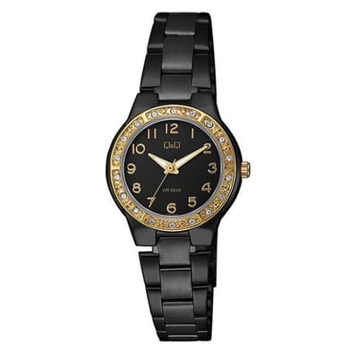Q&Q Q691J425Y - Horloge - Analoog - Dames - Vrouwen - stalen band - Rond - Cijfers - Staal - Antracietgrijs - Zwart - Goudkleurig - Briljanten