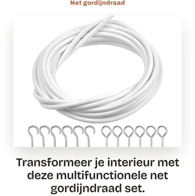 Dailygoods- Gordijndraad 4m - Ophangset met 6 Haken/Ogen - Multifunctionele Draad - Wandbeugelondersteuning - Wit - 190g Gewicht - Gordijnroede