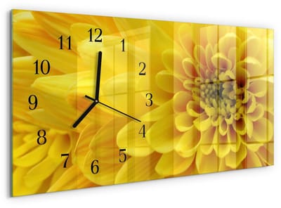 Tulup Wandklok - Chrysant Klok Glas Met Opdruk - 60x30 cm - Geel Moderne Wandklok Glas - Zwarte Handen - Rechthoekige Wandklok - Moderne Wandklok Glas - Wandklok Glas Decoratie