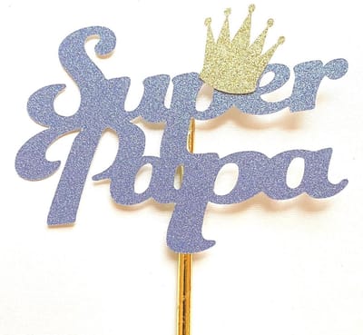 Taartdecoratie versiering| Taarttopper| Vaderdag| Super Papa| Blauw glitters|14 cm| karton