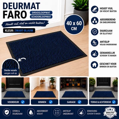 Wicotex - Deurmat - Schoonloopmat Faro - Afmeting 40x60cm - Kleur Zwart - Blauw