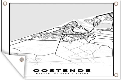 Muurdecoratie Stadskaart – Plattegrond – België – Zwart Wit – Oostende – Kaart - 180x120 cm - Tuinposter - Tuindoek