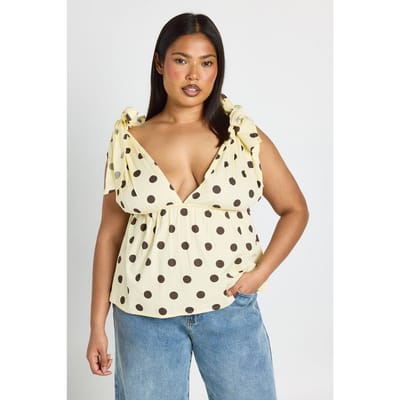 boohoo Dames Plus Maat Top Met Strikschouders En Polkadot Smok | Citroen | Maat: 44