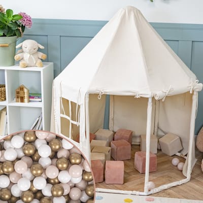 KiddyMoon Speeltent Kindertent Met 300 Ballen Opvouwbaar Voor Kinderen Paviljoenvormig Kinderhuis Gemakkelijk In elkaar te zetten Om Binnen En Buiten Te Spelen, Natuurlijke Kleur:Pastel Beige/Wit/Goud