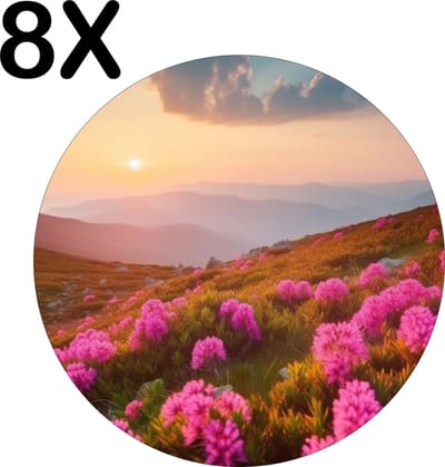 Luxe Ronde Placemat - Roze Bloemen op een Berg bij Zonsondergang - Set van 8 Placemats - 50x50 cm - 2 mm dik Vinyl - Anti Slip - Afneembaar