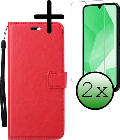 Hoesje Met 2x Screenprotector - Geschikt voor Samsung Galaxy A16 - Luxe Pasjeshouder - Bookcase Portemonee - Flip Case - Kunstleer Book Case - Flipcase Hoes - Book Cover - Walletcase - Portemonneehoes - Rood