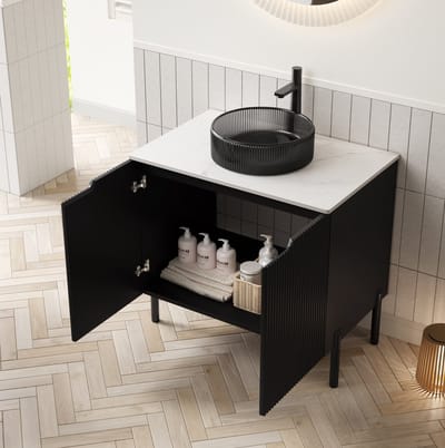 MIVRAY Opbergbox - Vrijstaande Badkamerkast Met Rond Zwart Glazen Wastafel En Softclose Deuren - Badkamer - Steen En MDF - 76x48x87 Cm