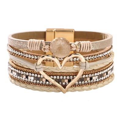 Creme kleurige Wikkel armband voor dames met Goudkleurig Hart & Strass – Luxe Boho Design met Magneetsluiting voor vrouwen