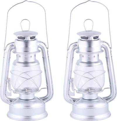 Set van 2x stuks stormlantaarn/windlicht zilver 11,5 x 15 x 24 cm - Camping / tuin lantaarn met theelichthouder
