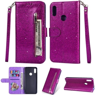 Bookcase Geschikt voor: Samsung Galaxy M11 Glitter met rits - hoesje - portemonnee hoesje - Paars