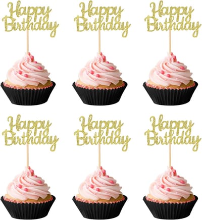 24 stuks Happy Birthday cupcake-toppers, glinsterende verjaardagstaart-toppers, Happy Birthday taartdecoratie, cupcake-topperstaafjes voor verjaardag, feest, cupcake-decoraties, goud