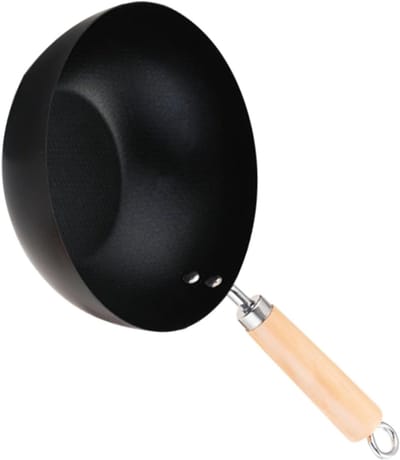 Koolstofstalen Wokpan - Roerbakpan Platte Bodem - Snel Koken - Houten Handvat - 22 Cm - Zwart