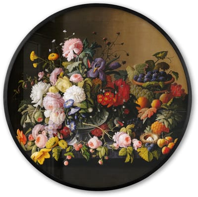 Poster in lijst Rond - Fotolijst 60x60 cm - Posters - Stilleven met bloemen en fruit - Kunstwerk - Oude meesters - Ronde posterlijst zwart - Decoratie - Wanddecoratie woonkamer - Muurdecoratie slaapkamer