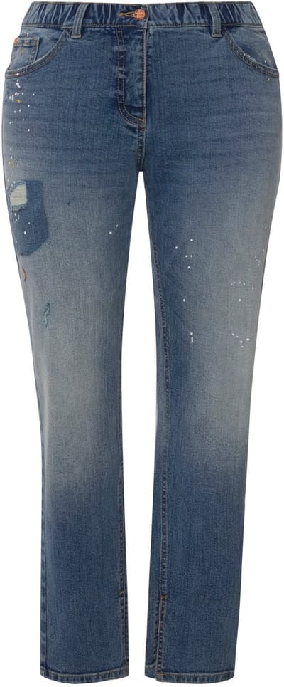 Ulla Popken - Dames - Boyfriend jeans destroyed effecten wijde pijpen stretch - Blauw denim - Maat 48