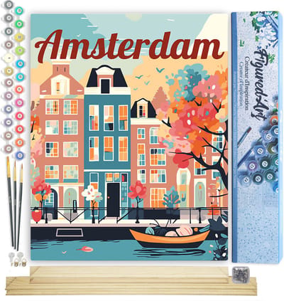 Figured'Art Schilderen op Nummer Volwassenen canvas Reisposter Amsterdam in Bloei - Handwerk acrylverf Kit DIY Compleet - 40x50cm met DIY houten lijst