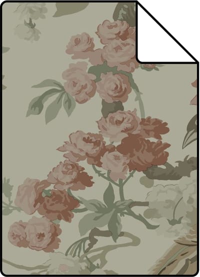Proefstaal ESTAhome behang bloemen en vogels vergrijsd groen - 26.5 x 21 cm - 139810-S