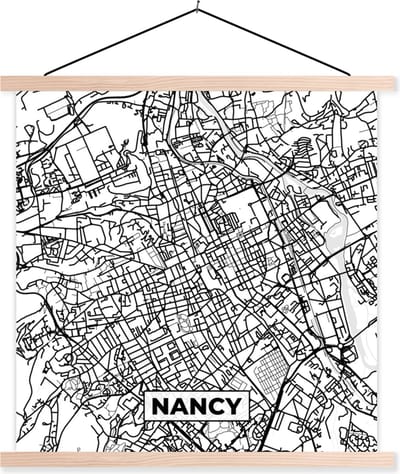 Posterhanger incl. Poster 40x40 cm - Schoolplaat - Stadskaart - Plattegrond - Nancy - Kaart - Frankrijk - Zwart wit - Textielposter - Blanke latten - Stadskaart