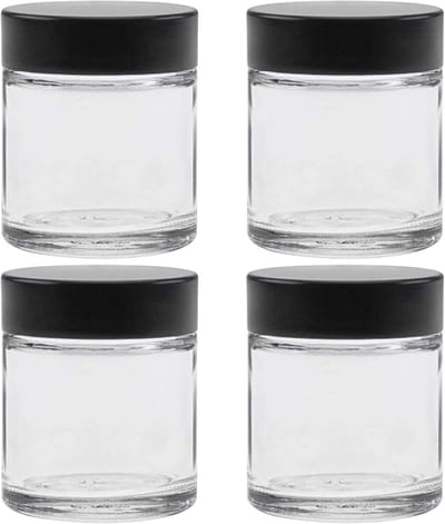SnelShoppen - 4 Glazen Potjes 30 ml - Duidelijke Glazen Cream Jars met Schroefdeksel en 4 Zilveren Labels voor Crèmes, Ointments, Specerijen, Thee, Kn