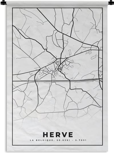 Wandkleed - Wanddoek - Zwart Wit – België – Plattegrond – Stadskaart – Kaart – Herve - 120x180 cm - Wandtapijt