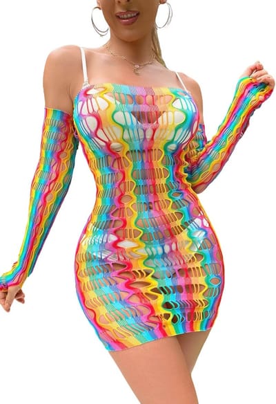 Stijlvolle en Kleurige Net Lingerie Set voor Vrouwen - Transparante Bodystocking en Bikini Cover-Up voor Festivals en Rave Party's