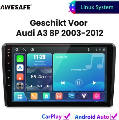 Awesafe Autoradio - Geschikt Voor Audi A3 8P 2003 t/m 2012 - Draadloos Carplay Android Auto - Linux systeem - Touchscreen - Bluetooth Wifi - 2003 2004 2005 2006 2007 2008 2009 2010 2011 2012