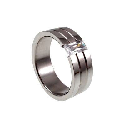 Unisex Ring met Rechthoekige Zirkonia - Gepolijst en Matte Roestvrij Staal